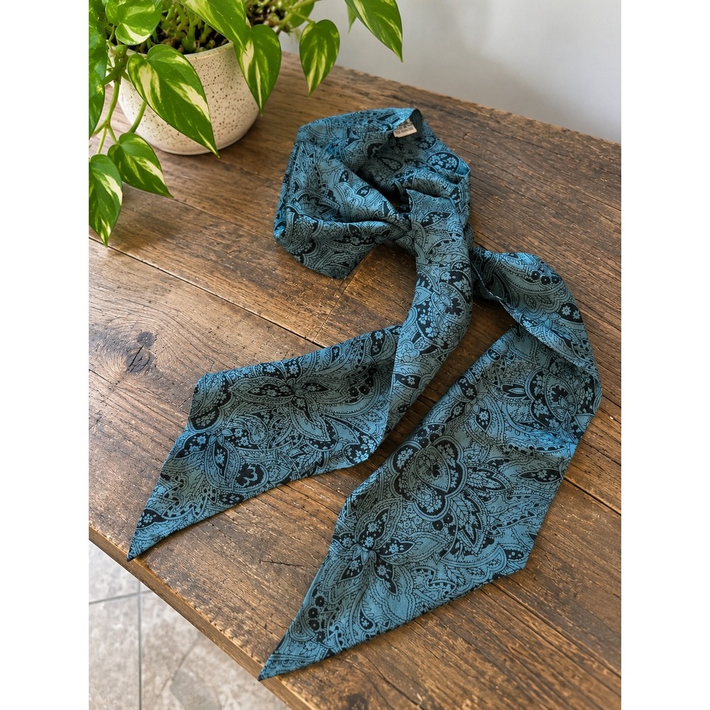 Club 7 Echo Silk Skinny Scarf Teal Black Paisley Floral Print Made in Japan